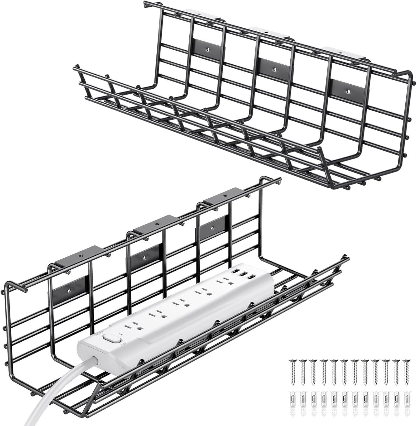 2 Pack DELAMU Under Desk Cable Management Tray, Large Metal Cord Organizer, Office & Home Cord Wire Management Under Desk Shelf, Easy Install Pre-drilled Cable Organizer, Black