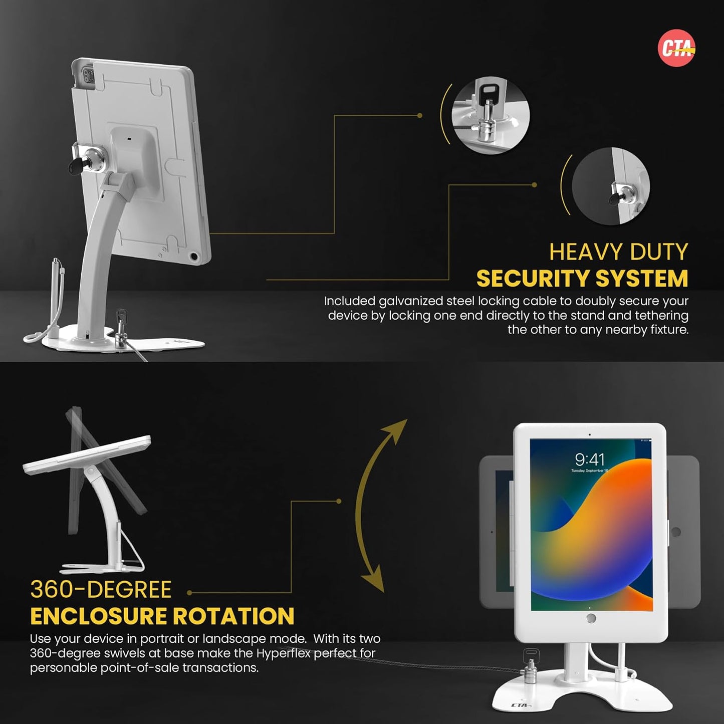Dual Kiosk Stand – CTA Security Stand with Locking Case, Cable, Stylus and Tether – Compatible with Headphone Jack, iPad 7th/ 8th/ 9th Gen 10.2”, iPad Pro 10.5 (PAD-ASKW10) – White