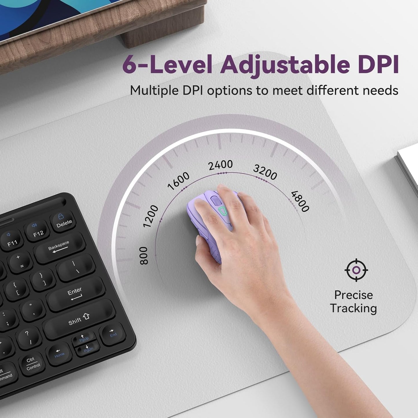 Bluetooth Mouse (BT5.0/3.0 & 2.4G) Rechargeable Wireless Mouse, 4800 DPI Optical Tracking, 6 Adjustable DPI, 2.4GHz with USB A Receiver, Quiet Clicks, Ergonomic Grips, 6 Buttons - Lavender