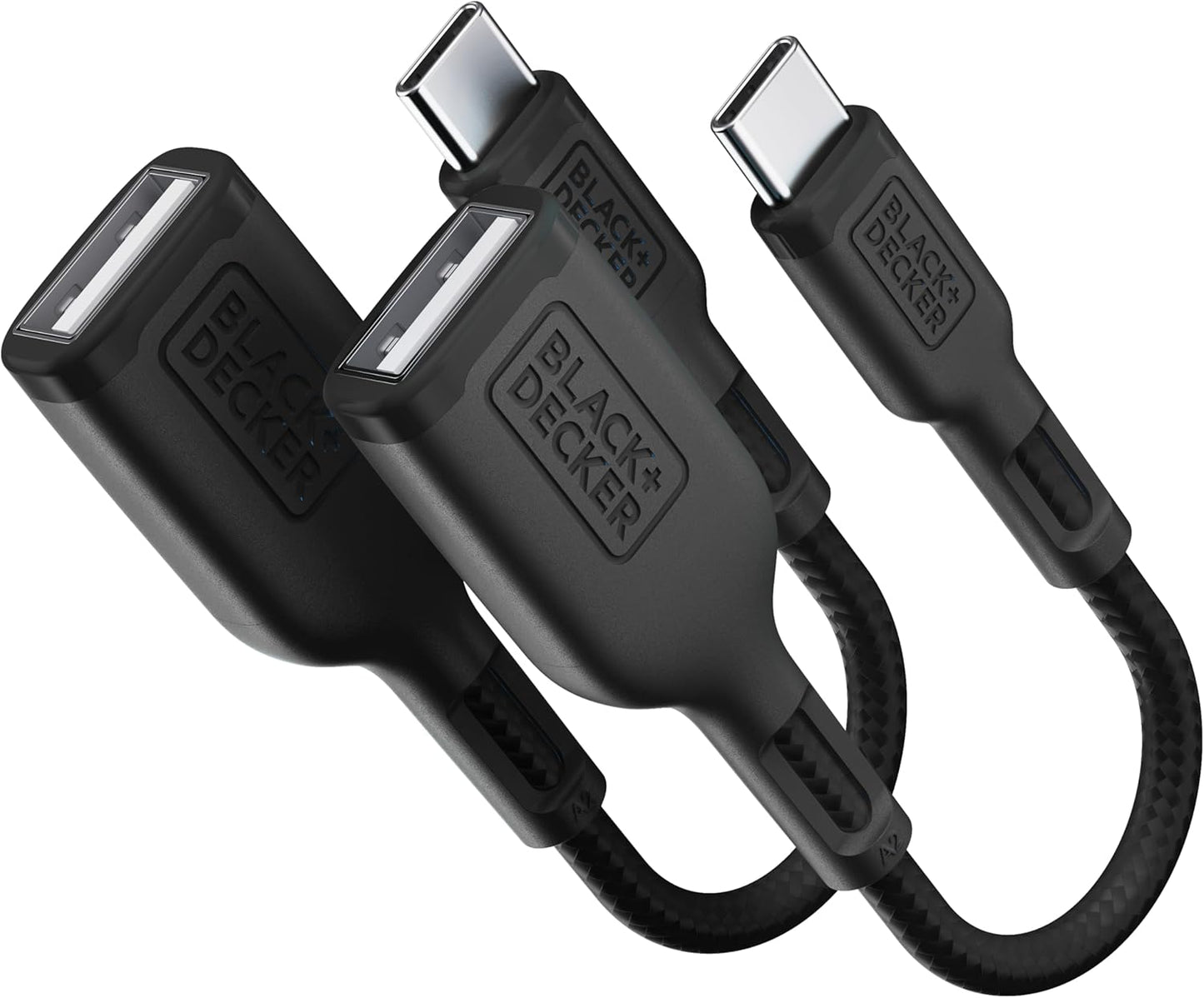 BLACK+DECKER USB C to USB A Adapter, USB C Male to USB Female Adapter Nylon Braid, Type C OTG Cable Compatible w/iPhone 16 15 Pro, MacBook Pro 2022/Air/Mini, iPad—2 Pack, 3" (Black)