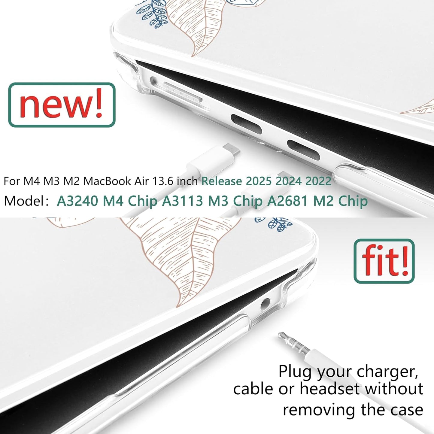 TWOLSKOO Compatible with M4 MacBook Air 13.6 inch Case 2025-2022 Release M4 A3240 M3 A3113 M2 A2681, Plastic Hard Shell & Keyboard Cover & Type C Adapter & Screen Protector, Engraved Sketch