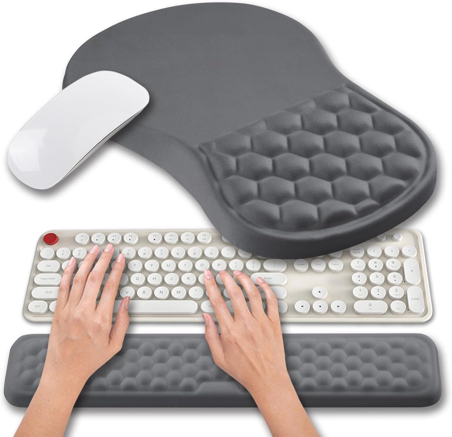 Hokafenle 2 in 1 Ergonomic Mouse Pad Wrist Support & Wrist Rest for Computer Keyboard Set, with Relieve Carpal Tunnel Pain Massage Bulge and Full Memory Gel Design (2In1 Set, Dark Gray)
