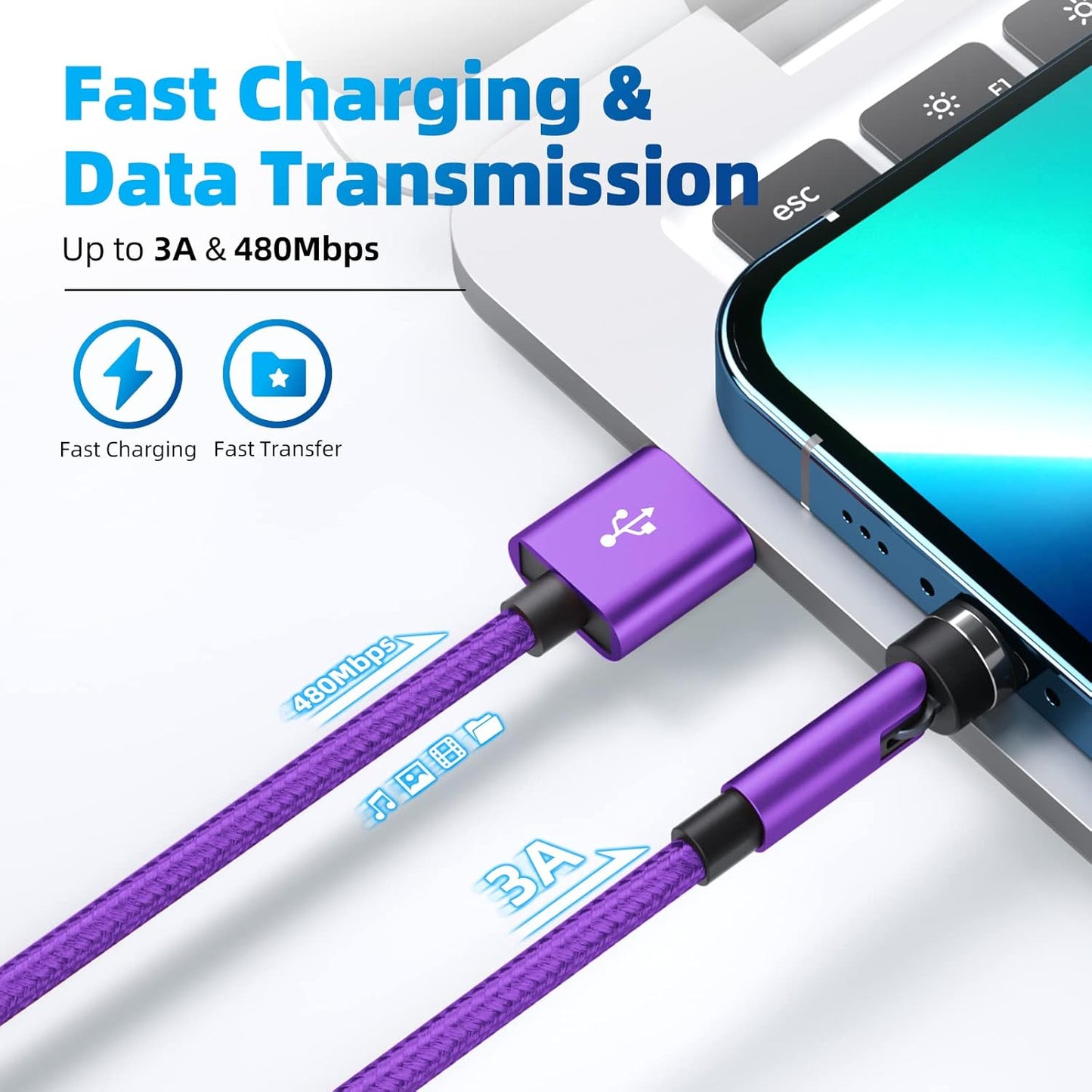 540° Rotation Magnetic Charging Cable 3 in 1 Magnetic Phone Charger [4-Pack, 3ft/3ft/6ft/10ft] 3A Fast Charging Cable & Data Transfer USB Magnet Charger Cable for i-P/Micro USB/Type C Device-Purple