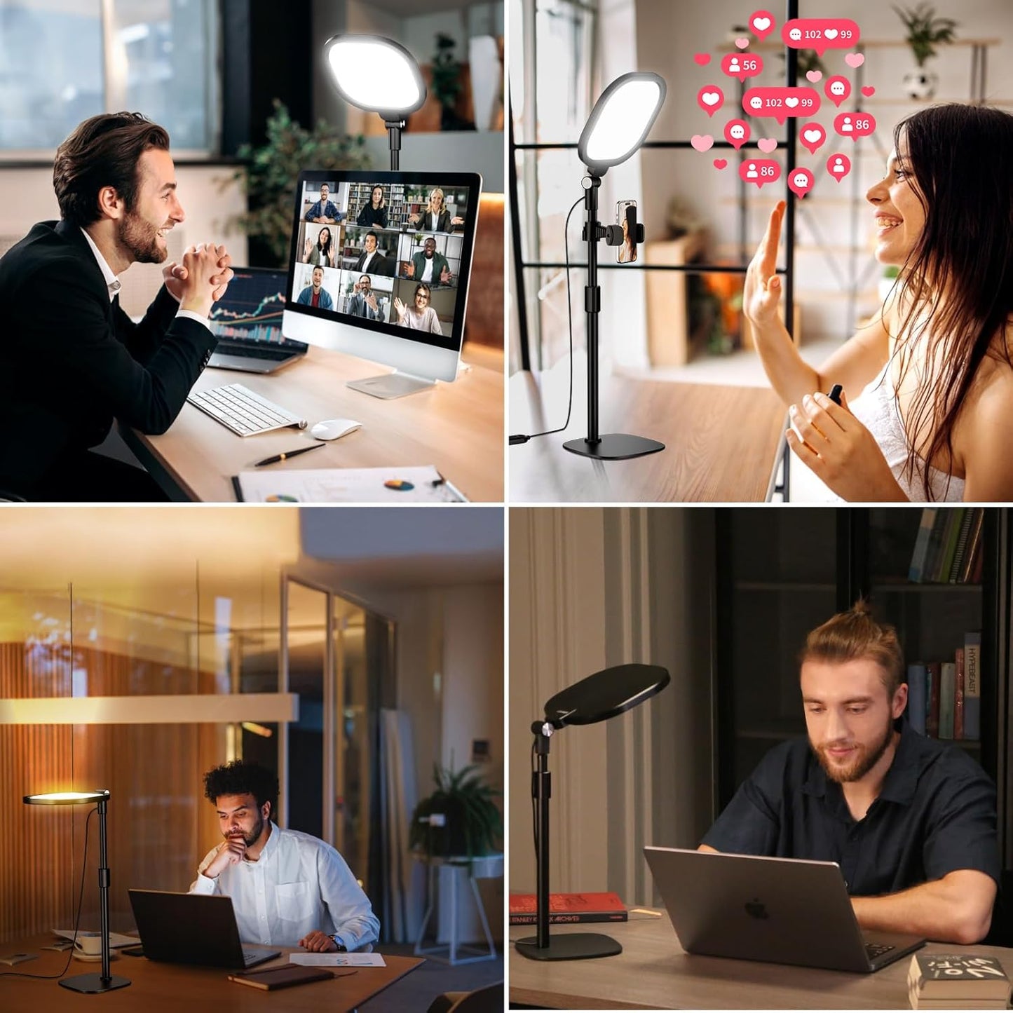 2 Packs Video Conference Lights for Zoom Meeting, Podcast Lighting Kit for Working from Home Office, Desktop Video Light with Stand and Phone Holder CRI 97.8