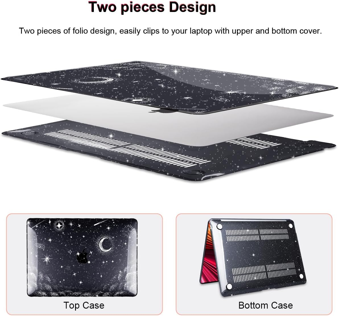 for MacBook Air 13 inch Case 2021 2020 2019 2018 Release M1 A2337 A2179 A1932, Glitter Crystal Black Pritned Pattern Plastic Hard Case Cover for Mac Air 13.3" M1 Touch ID, Stars & Moon