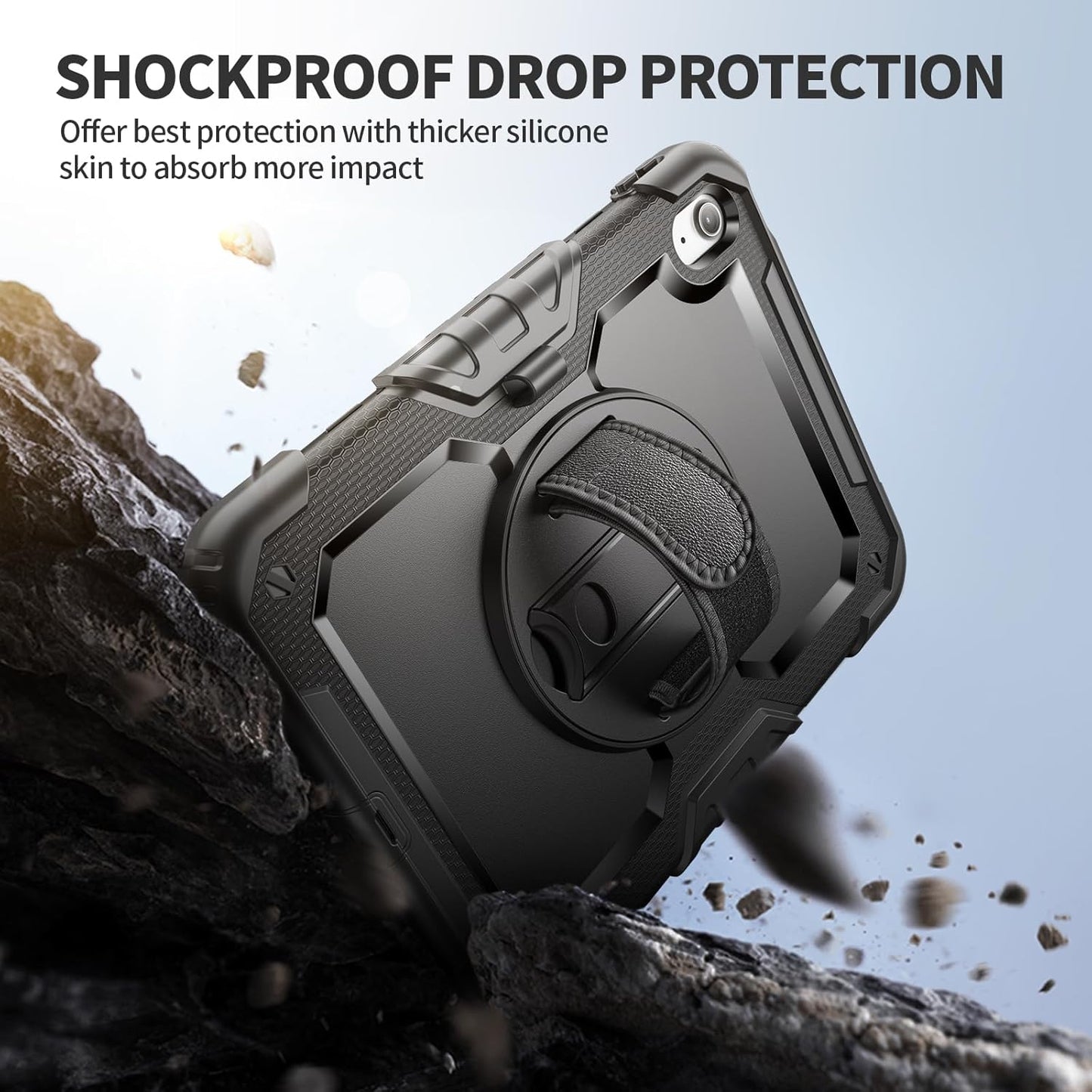 Ambison Case for iPad (A16) 11th/10th Generation 11"/10.9'' 2025/2022,Heavy Duty Shockproof Case with Tempered Glass Screen Protector, 360° Rotating Handle Strap&Stand,Shoulder Strap-Black