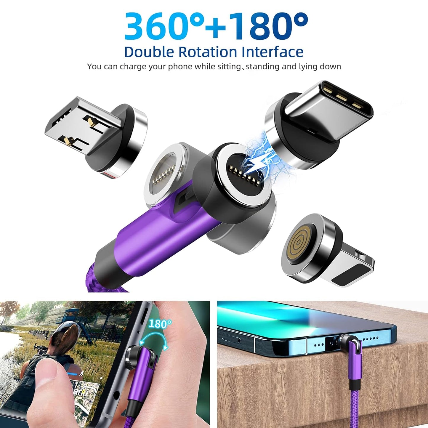 540° Rotation Magnetic Charging Cable 3 in 1 Magnetic Phone Charger [4-Pack, 3ft/3ft/6ft/10ft] 3A Fast Charging Cable & Data Transfer USB Magnet Charger Cable for i-P/Micro USB/Type C Device-Purple