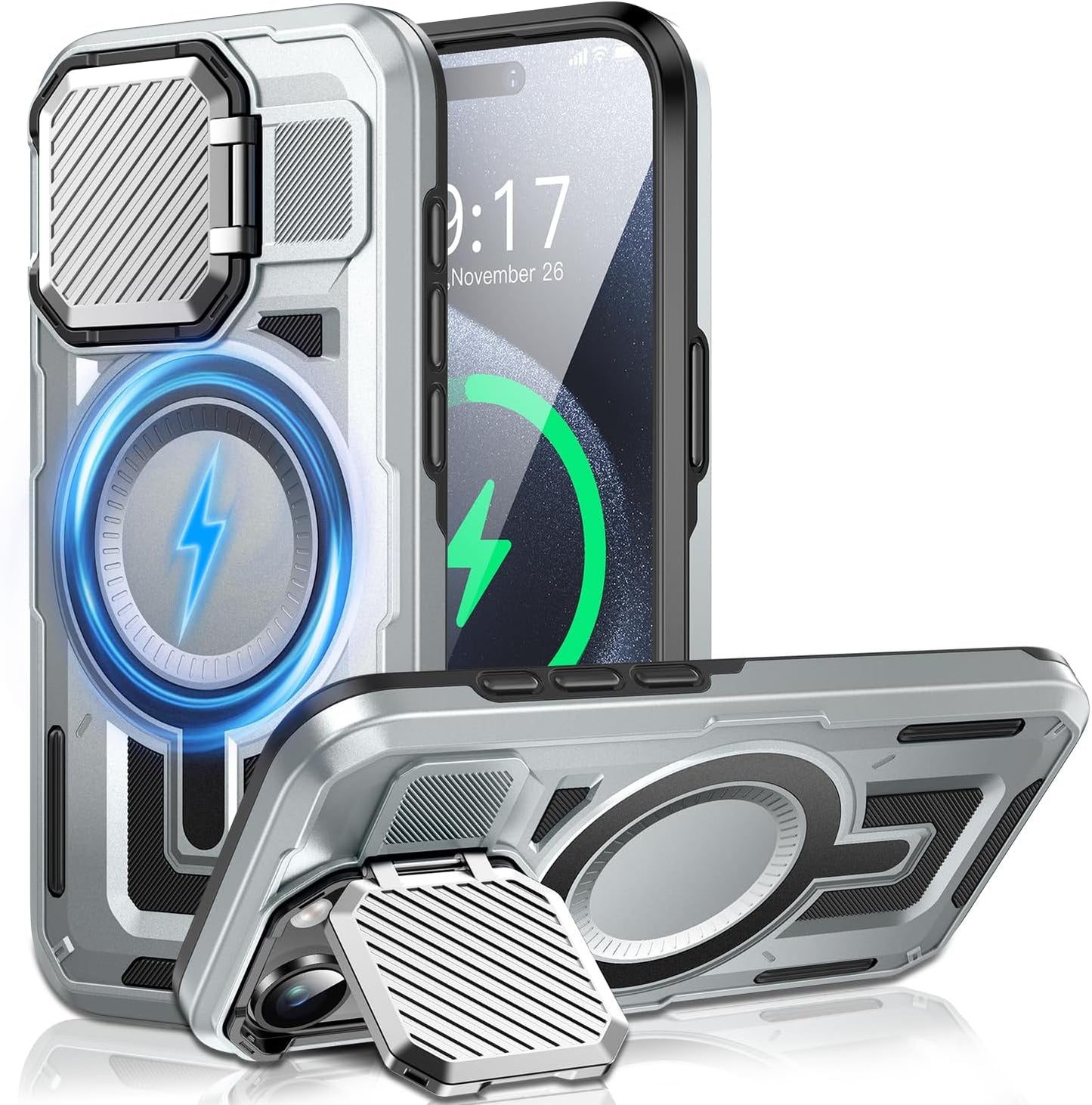 Camera Stand Case for iPhone 15 Pro, [Compatible with MagSafe] [Lens Cover] 2024 Version Military Grade Protective Soft Case for iPhone 15 Pro 6.1 inch Men Women, Grey