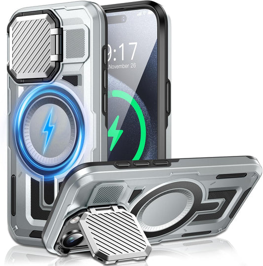 Camera Stand Case for iPhone 15 Pro Max, [Compatible with MagSafe] [Lens Cover] 2024 Version Military Grade Protective Soft Case for iPhone 15 Pro Max 6.7 inch Men Women, Grey