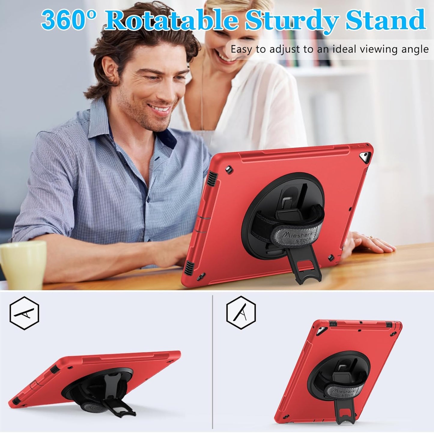 Case for iPad Pro 12.9 2nd Generation 2017& 2015 1st Generation, Heavy Duty Rugged TPU Protective Cover W/Screen Protector- 360° Rotatable Stand + Handle Hand & Shoulder Strap + Pencil Holder- Red