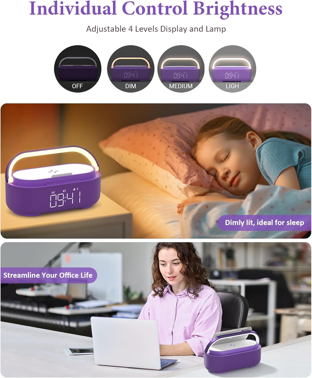 COLSUR 6-in-1 Bluetooth Speaker Alarm Clock with 15W Wireless Charger, FM Radio, Adjustable LED Night Light, 2500mAh Battery, Snooze Function – for Bedroom, Home, Office