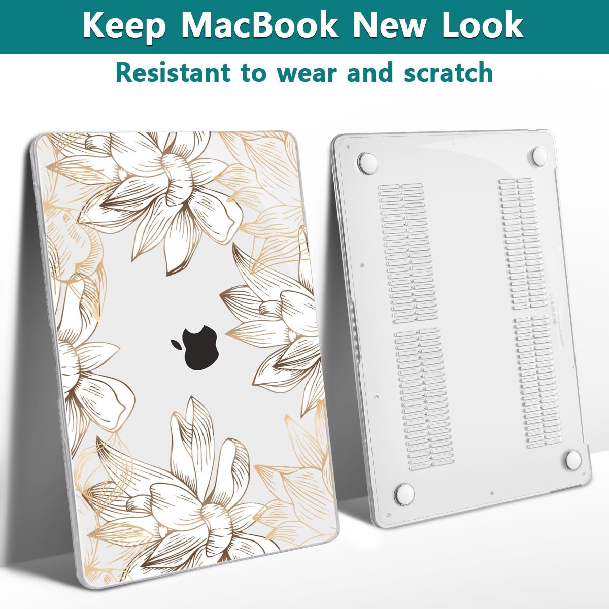 Teryeefi for MacBook Air 13 inch Case M1 2021 2020 2019 2018 Release (A2337 A2179 A1932 Retina Display with Touch ID), Plastic Hard Shell Case & Keyboard Cover & Screen Protector, W-Gold Flower Line