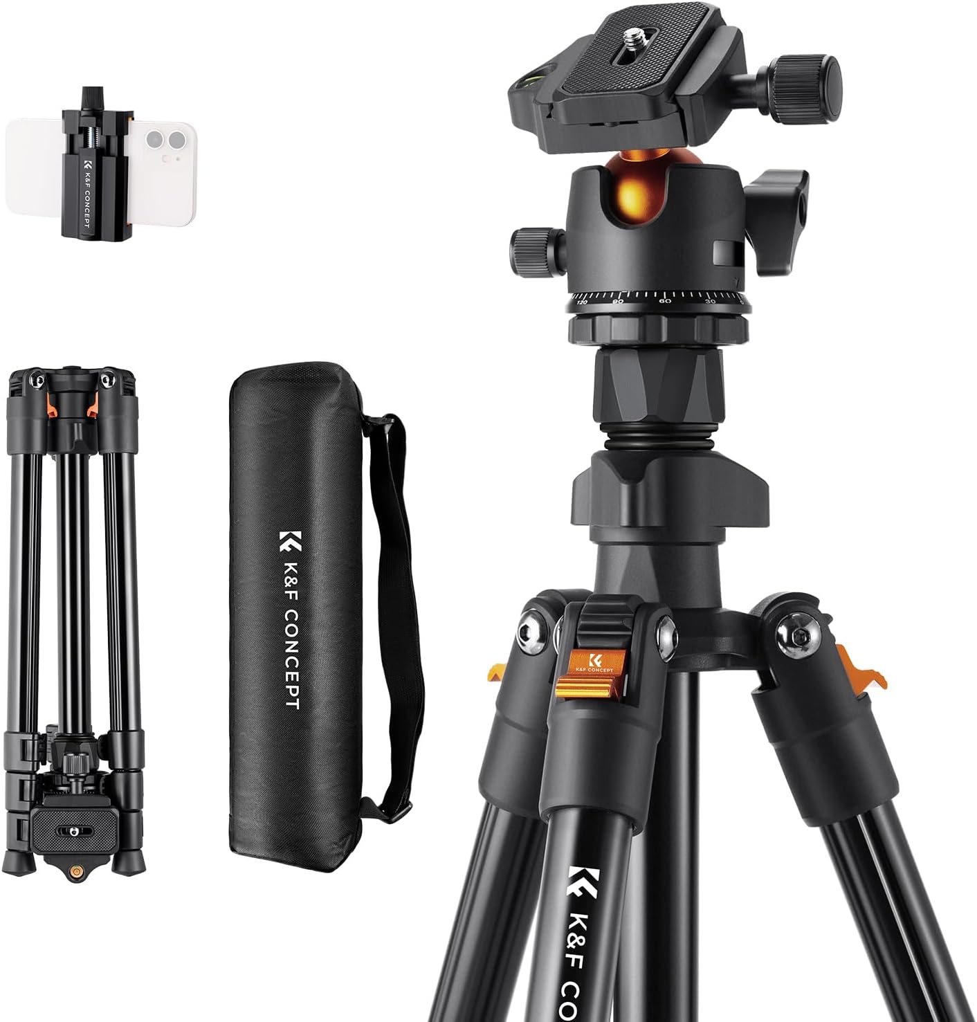 K&F Concept 64 inch/163cm Camera Tripod,Lightweight Travel Outdoor DSLR Tripods with 360 Degree Ball Head Load Capacity 8kg/17.6lbs,Cellphone Clip for Smartphone Live Streaming Vlog O234A1+BH-36