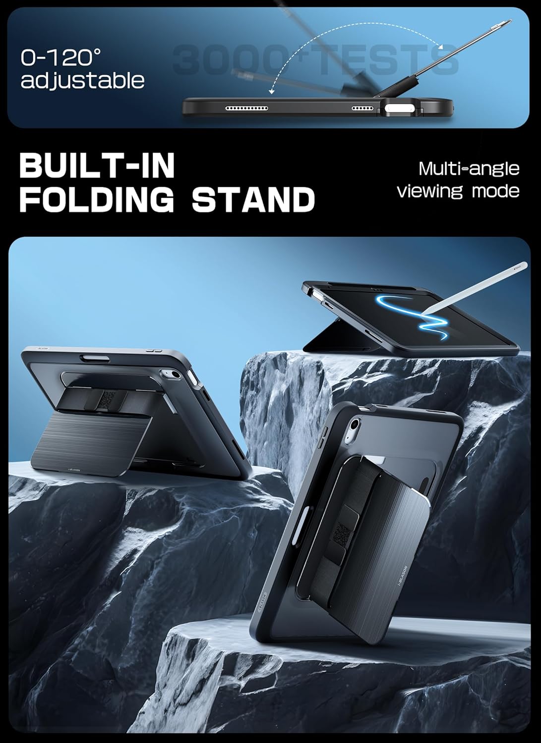 i-Blason Grip for iPad A16 11th Generation Case 11'' 2025/ iPad 10th Generation Case [Hand Strap] [Screen Protector] [Metal Stand & Pencil Holder] Full-Body Rugged Bumper Protective Cover (Black)