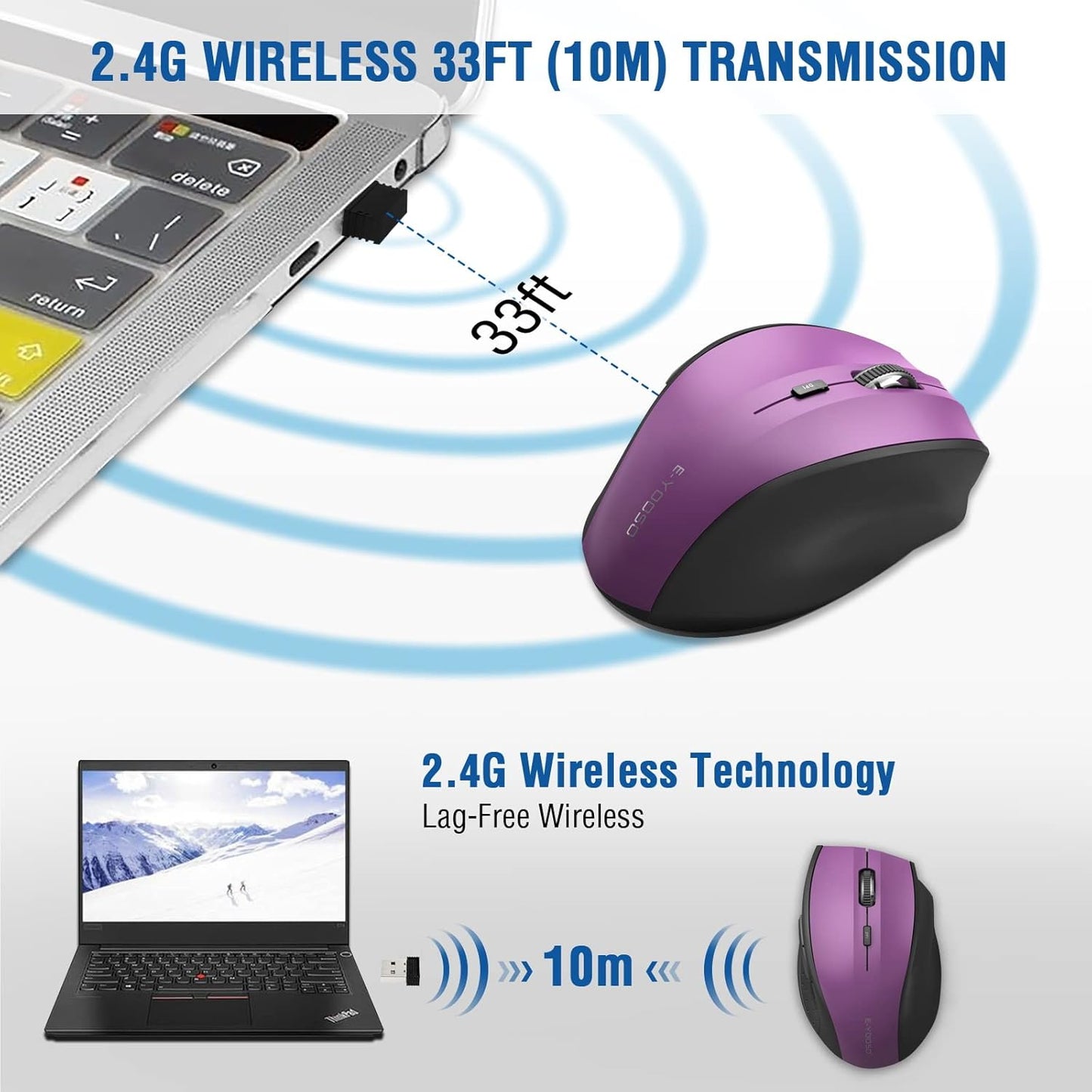 E-YOOSO Wireless Mouse for Laptop, Portable Optical Computer Mouse, 6 Buttons, Cordless 2.4GHz with USB Receiver, 5-Level 4800 DPI, 18 Months Battery Life, for PC, Chromebook, Windows, Mac(Purple)