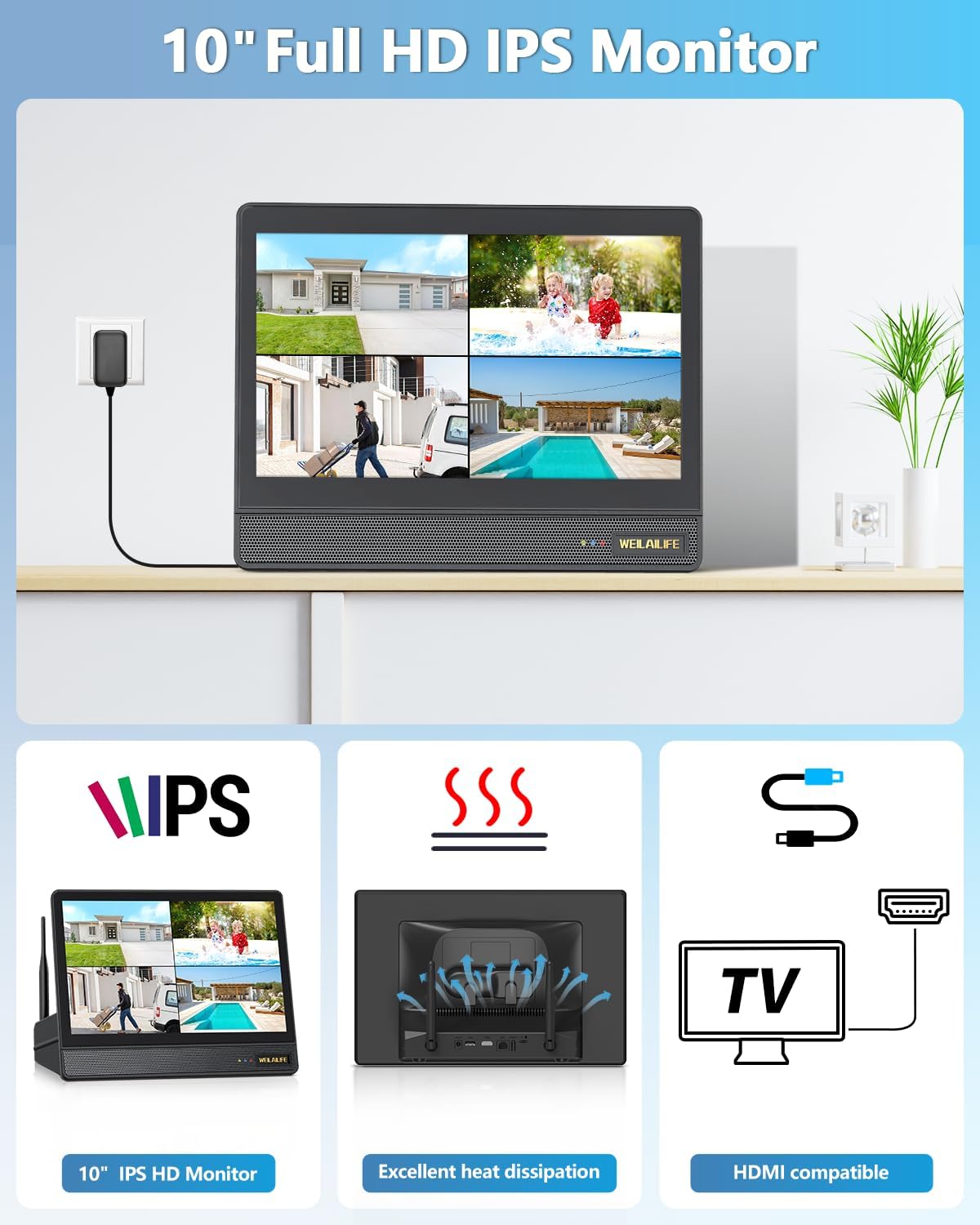 5MP Wireless Security Camera System with 10" Monitor, Outdoor WiFi Home Video Cameras Systems Surveillance DVR Kits