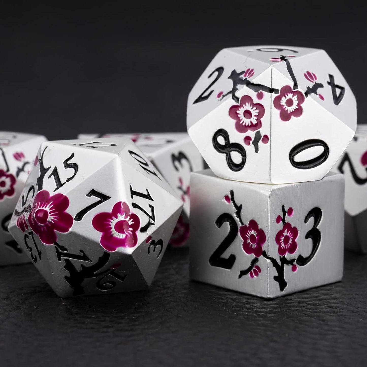 DND Metal Dice Set,7pcs Set Flower Metallic Dice Set with Box,RPG Polyhedral Dice for Table Game (Silver-Purple)