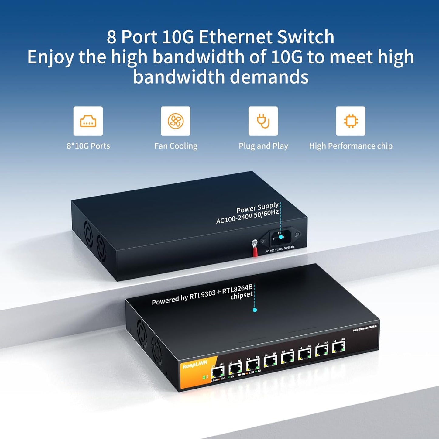 8 Port 10G Ethernet Switch Unmanaged, 8X 10G RJ45 Ports Support 10G/5G/2.5G/1000M/100M Auto-Negotiation, 160Gbps Switching Capacity, Desketop or Rackmountable Plug and Play Network Switch