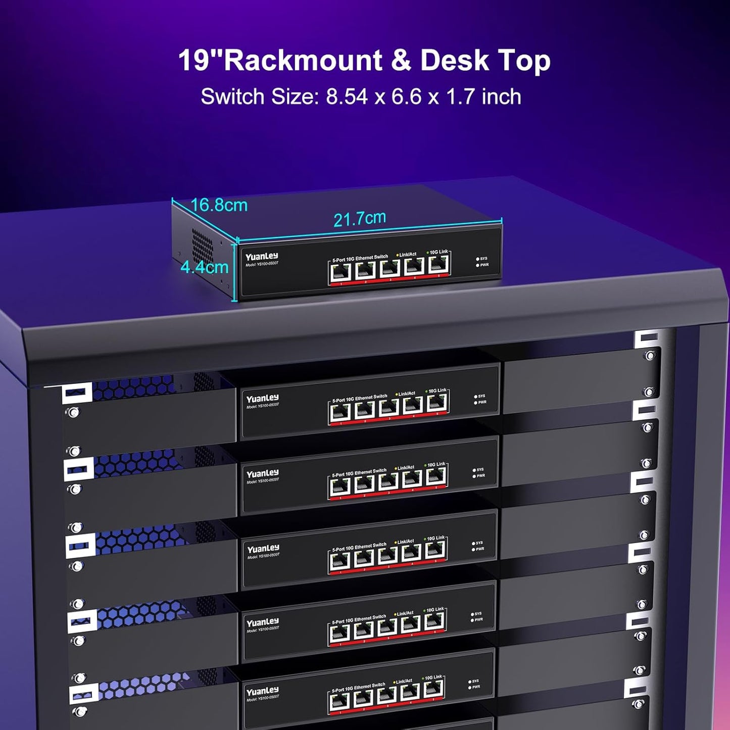 YuanLey 5 Port 10G Ethernet Switch, 5 x 10Gbps RJ45 Ports, Support 10G/5G/2.5G/1G/100Mbps Speed Auto-Negotiation, 100Gbps Switching Capacity, Unmanaged Switch Rackmountable, Plug and Play