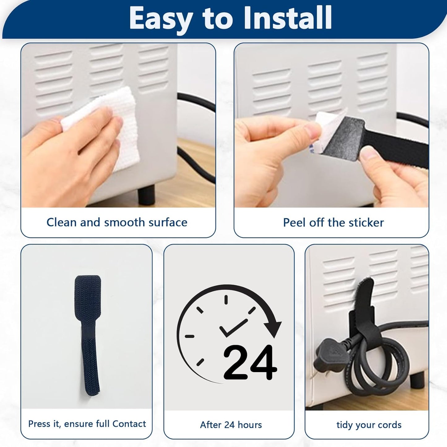 50 PCS Hook and Loop Cable Ties, Under Desk Cable Management, Self Adhesive Cable Clips Straps, Sticky-Back Cord Organizer, Wire Organizer for TV PC Laptop Ethernet Desktop, White