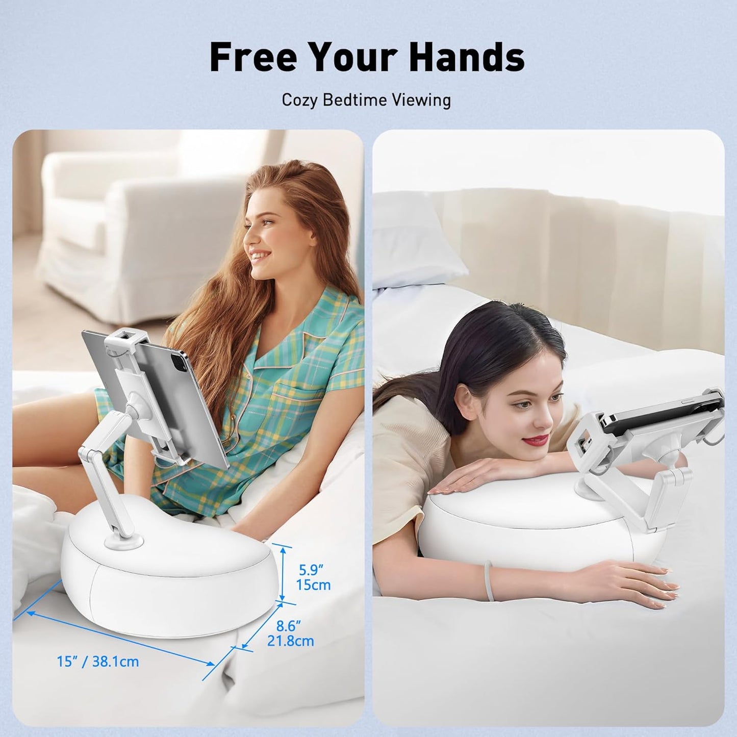 AboveTEK Tablet Pillow Stand for Bed, Hands-Free 360° Adjustable iPad Pillow Holder for Lap Reading w/Soft Bean Bag, Ideal Gift for Mom, Fits 4.7" to 12.9" Tablet, Phone, Kindle, White