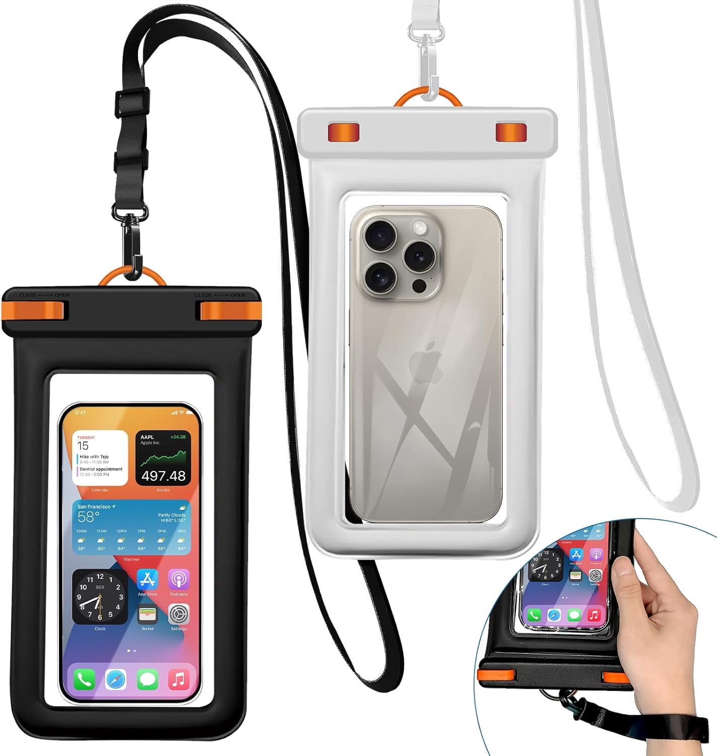 IPX8 Floating Waterproof Phone Case 2-Pack,7.2 Inch Waterproof Phone Pouch for iPhone 16/15/14 Pro Max Galaxy S24/S23 Adjustable Lanyard + Wrist Strap Beach Swimming Travel Essentials