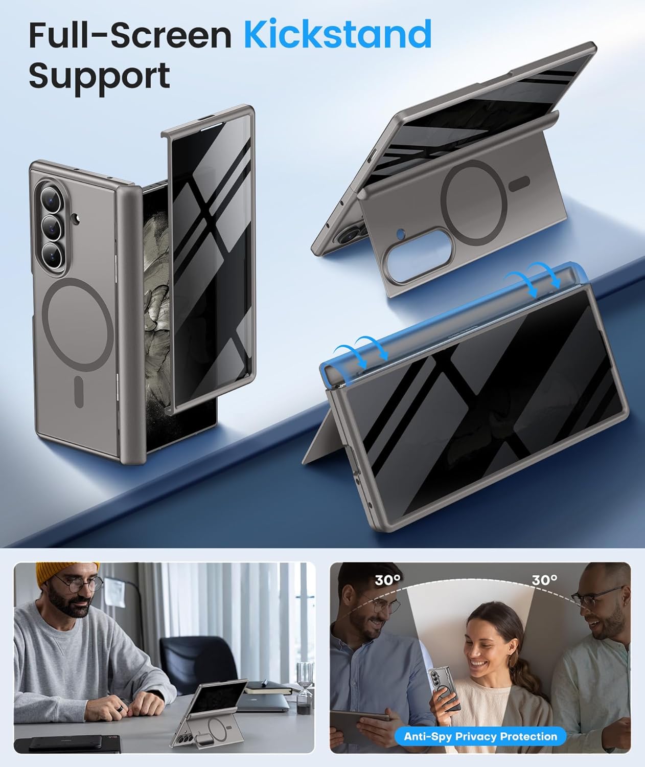 BERFY Magnetic for Samsung Galaxy Z Fold 7 Case with Privacy Screen Protector, [Compatible with MagSafe][Anti Spy] Built-in Hidden Kickstand, Full-Body Shockproof Slim Phone Case for Z Fold 7, Grey