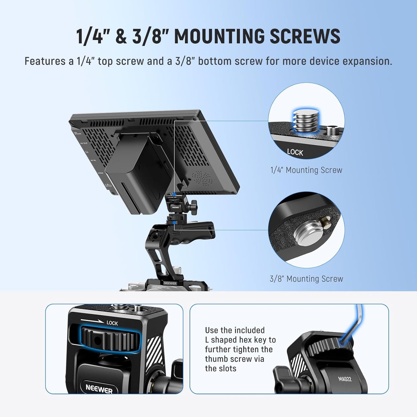 NEEWER Camera Field Monitor Mount Holder Bracket, 360° Swivel 180° Tilt Adjustable with 1/4" & 3/8" Screw Anti Twist Compatible with Atomos Ninja 5" & 7" Compatible with SmallRig Camera Cage, MA022