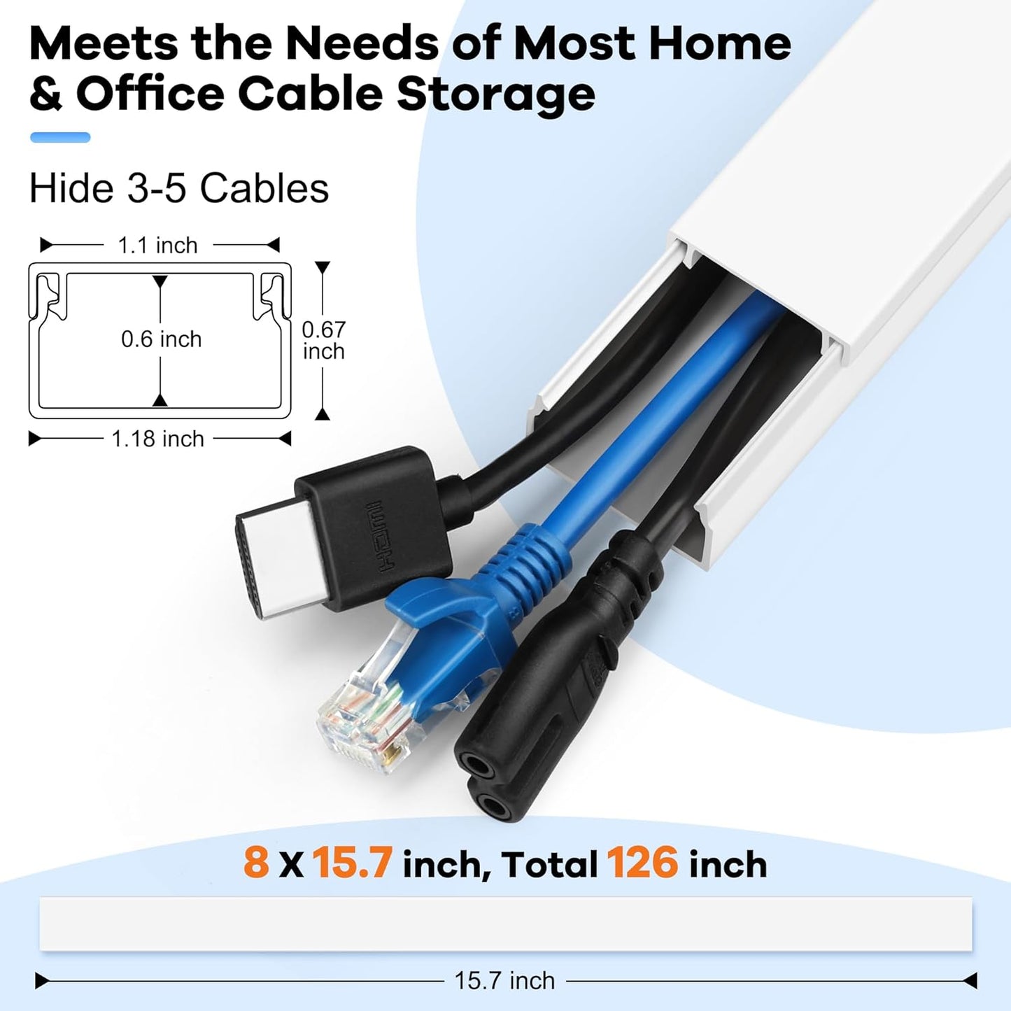 126in Cord Hider Kit, ZhiYo Wire Hiders for TV on Wall, Paintable Cable Management Kit, Wire Cover for Wall Mount TV, Grey Cable Raceway, Cord Cover Wall Wire Management Kit, 8xL15.7in W1.18in H0.67in