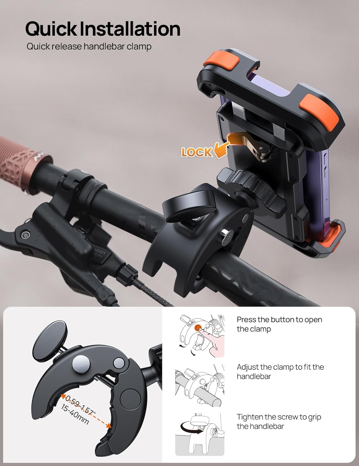 Bike Motorcycle Phone Holder Mount - [2025 Quick Release] Bike Phone Holder Handlebar Clamp, Bicycle Scooter Phone Clip for iPhone 15 14 13 12 11 Pro Max Plus Mini, 4.7-6.8" Smartphone