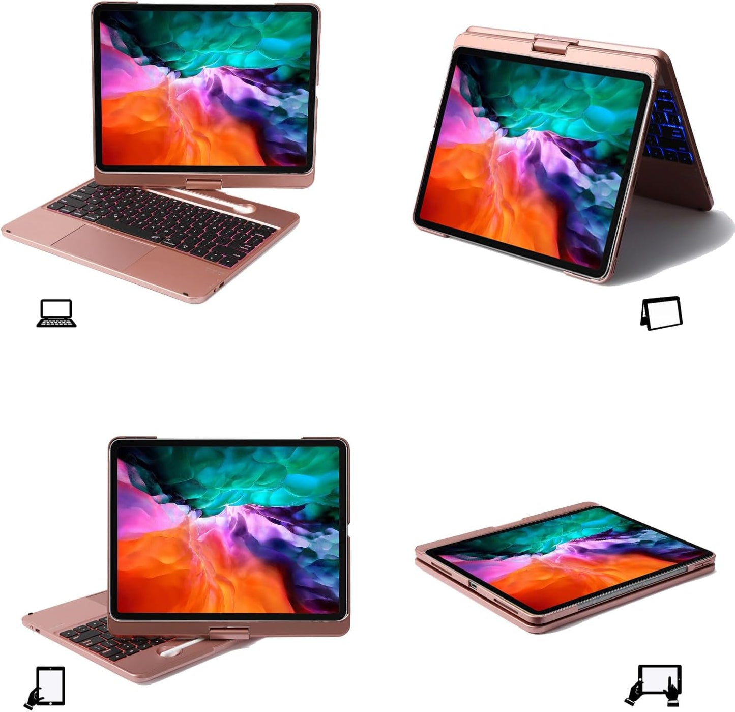 Keyboard Case for iPad Pro 12.9 inch 6th Generation 2022 5th 2021/4th 2020/3rd 2018 Gen,360 Rotatable Wireless Folio 180 Swivel Stand Hard Cover Rose Gold