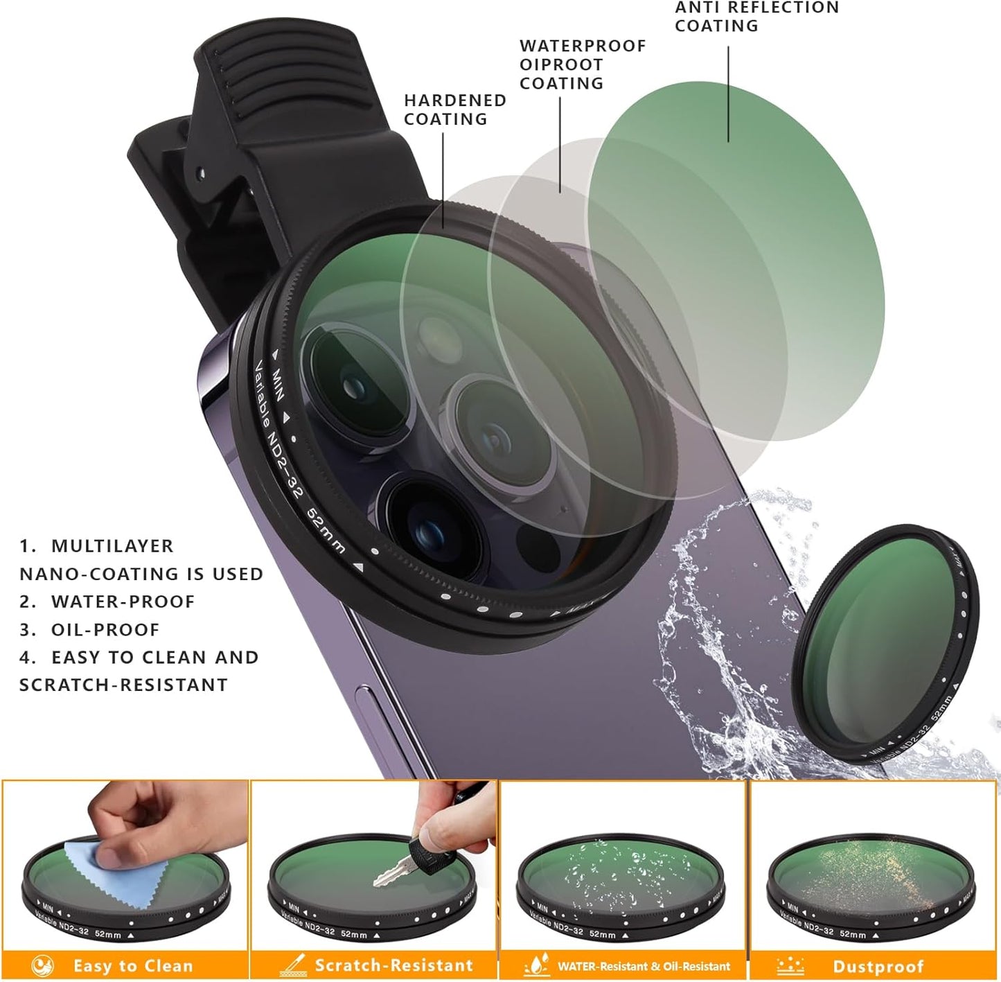 52MM Clip-on Variable ND2-32(1-5 Stops) Phone Lens Filter Kit, Ultra Slim Multi-Coated Adjustable Neutral Density Filter, Compatible for iPhone 16 15 14 13, Google Pixel and Other Smart Phones