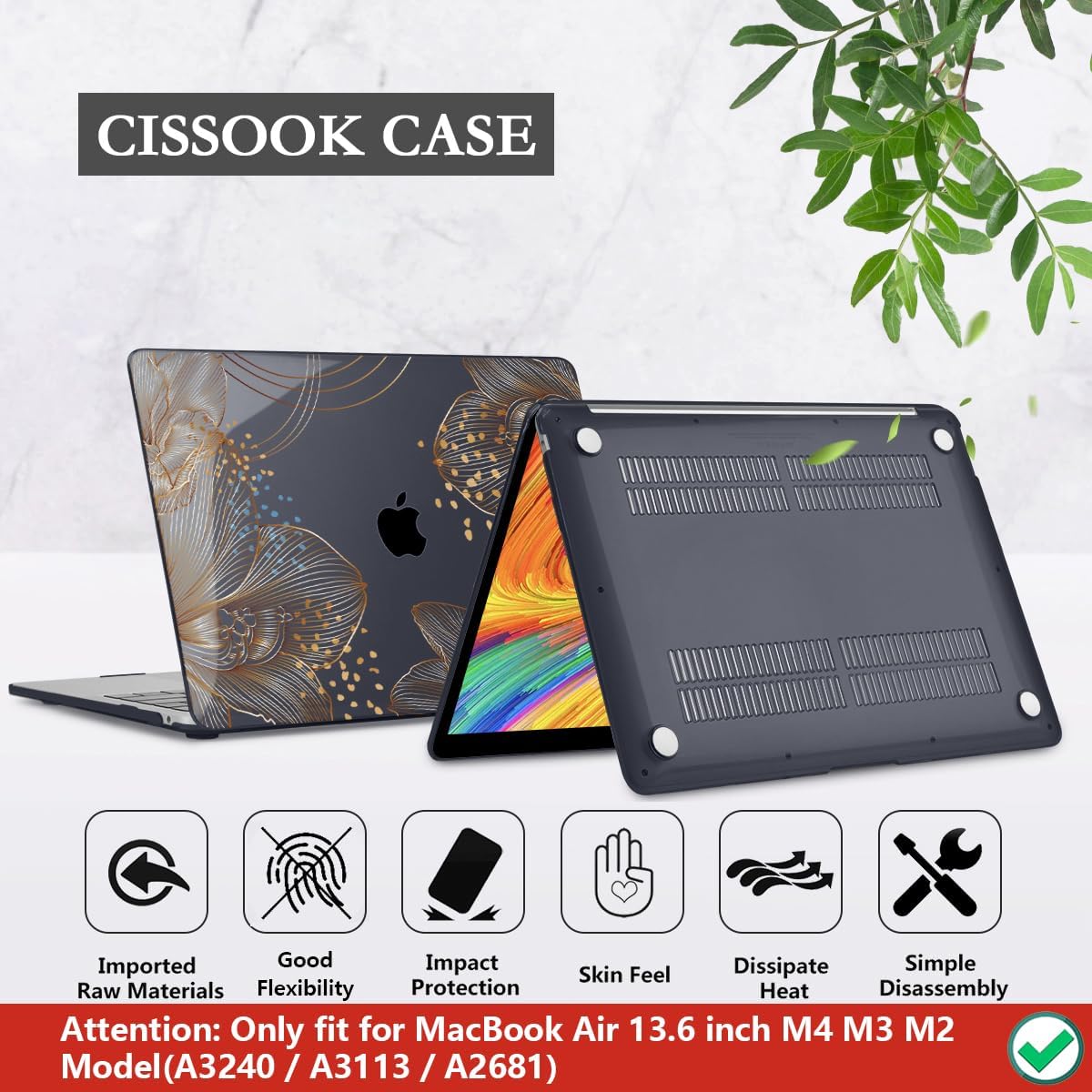 CISSOOK Gorgeous Flower Case for MacBook Air 13.6 inch M4 M3 M2 2025 2024 2022 Release, Hard Shell Case with Keyboard Cover +Screen Protector for MacBook Air 13 inch A3240 A3113 A2681