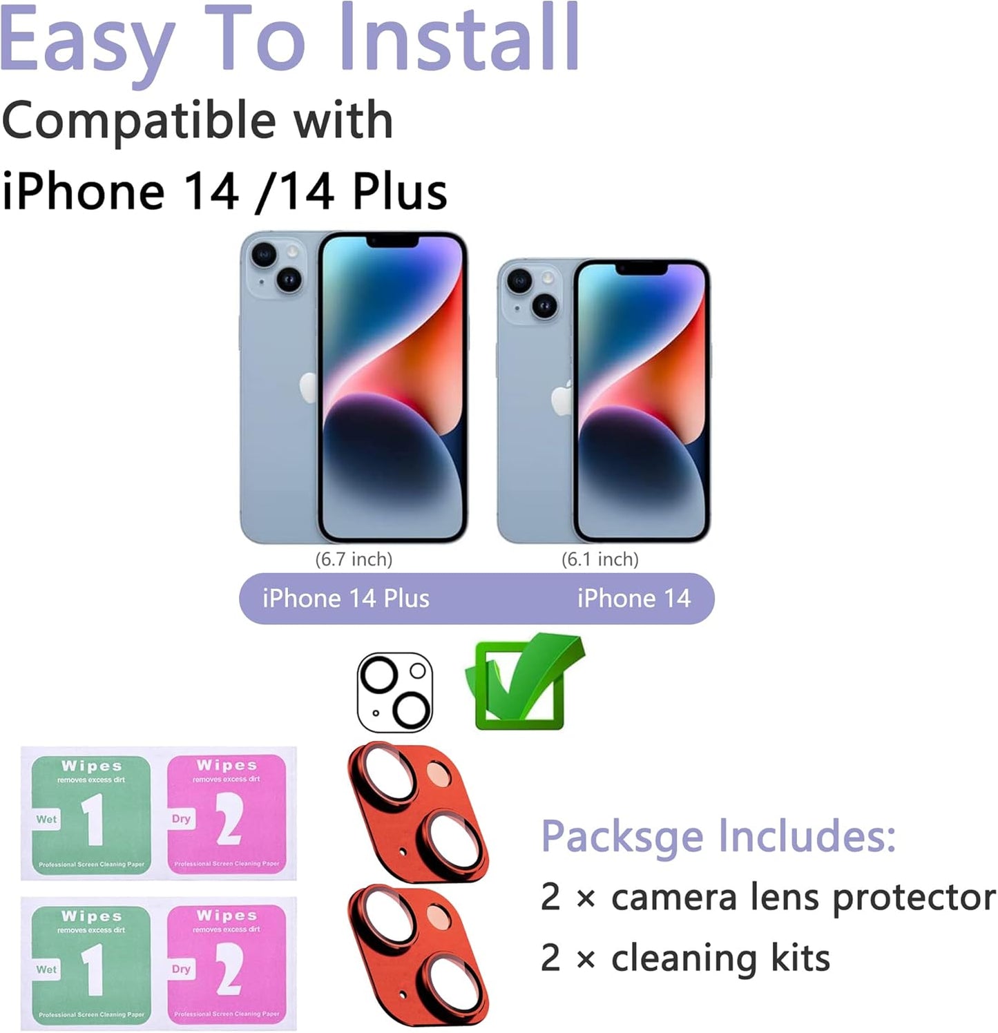 2 Pack Camera Lens Protector for iPhone 14 / iPhone 14 Plus,[Not Easy to Breakn ] AR Tempered Glass Strong Adsorption Metal Camera Cover Screen-red