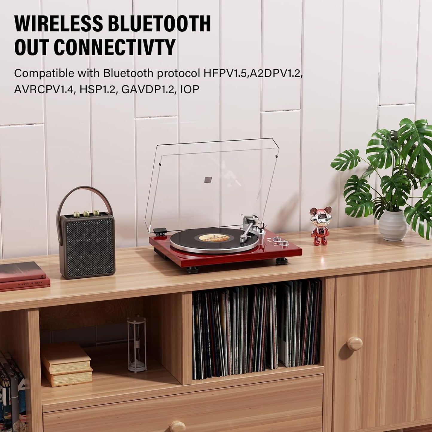 Belt Drive Turntable for Vinyl Record Player,Connect with Bluetooth Speakers or Active Speaker,Built-in Phono Pre-amp,USB Digital Output, Magnetic Cartridge,High-Gloss Wood Design(Red)