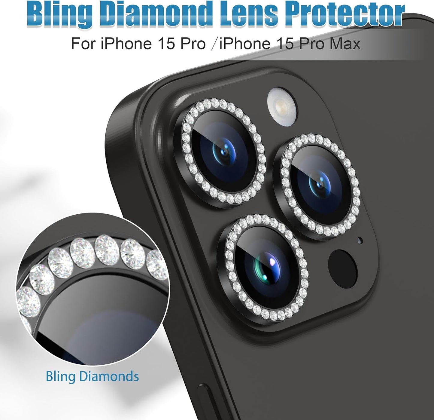 AGVEE 3+3 6 Pack for iPhone 15 Pro 6.1" / 15 Pro Max 6.7" Camera Lens Protector, Bling Diamond & Bling Glitter Metal Ring 9H Tempered HD Glass Camera Protector Cover Film, Bling-Black