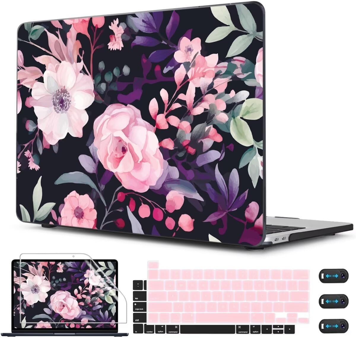 CISSOOK Compatible with MacBook Pro 13 inch Case M2 M1 2025-2016 Release Model A2338 A2251 A2289 A2159 A1989 A1706, Flower Plastic Hard Shell Case Black Cover for MacBook Pro 13 - Pink Flowers