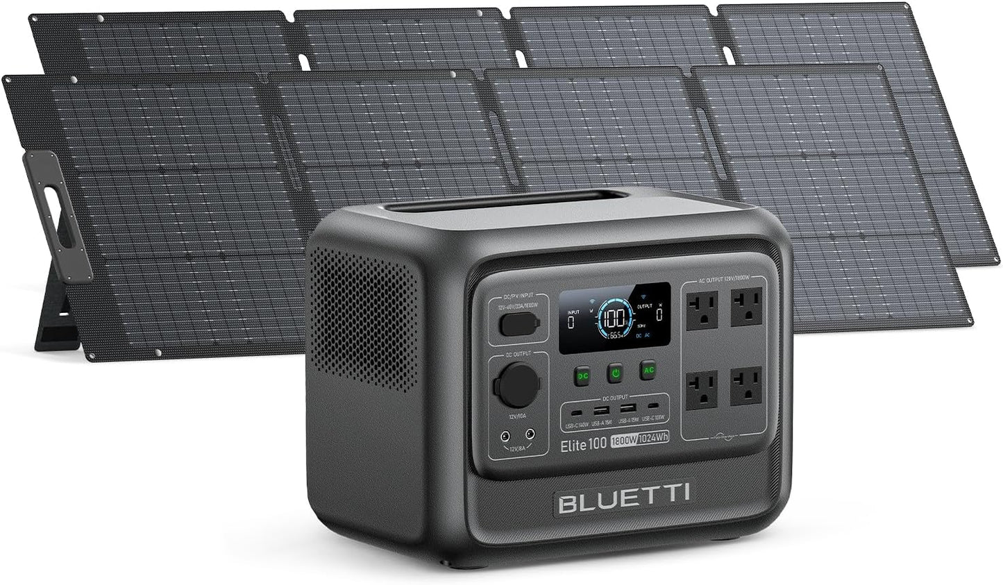 BLUETTI Elite 100 V2 Solar Generator with 2 200W Solar Panel (Ship Separately), 1024Wh Portable Power Station w/ 4 1800W AC Outlets, 35% Smaller, Ideal for Camping, Emergencies, Backup Power (2025New)