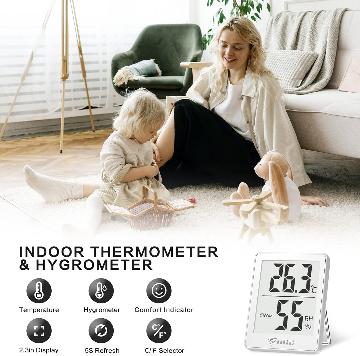 DOQAUS Indoor Thermometer [3 Packs], Humidity Gauge Room Thermometer for Home, Digital Hygrometer, Accurate Temperature Humidity Monitor Meter for House, Office, Greenhouse, Home White (2.3X1.8inch)