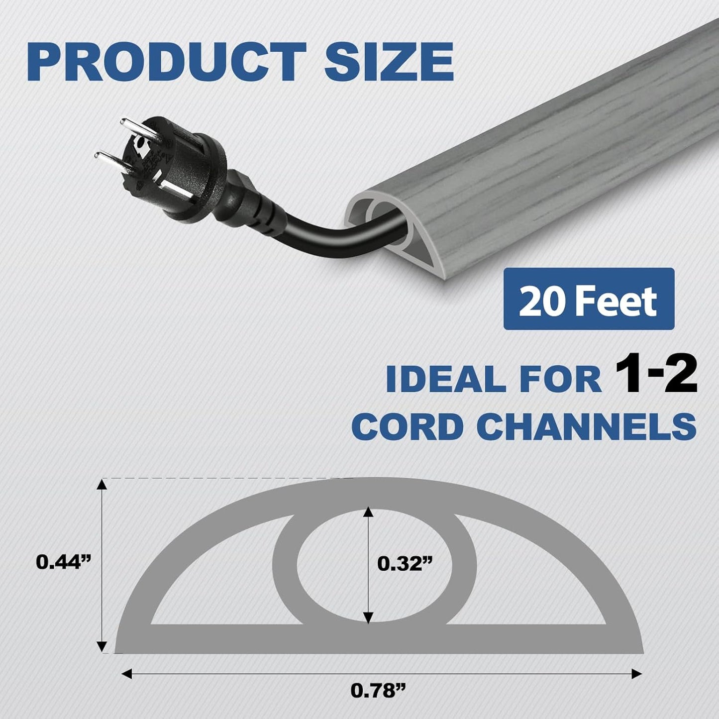 Floor Cord Cover for Wires on Floor Self Adhesive Cord Hider Floor Cable Management Wire Covers for Cords Protector Prevent Cable Trips Cord Cavity W 0.32" x H 0.32", Gray Wood, 20Ft