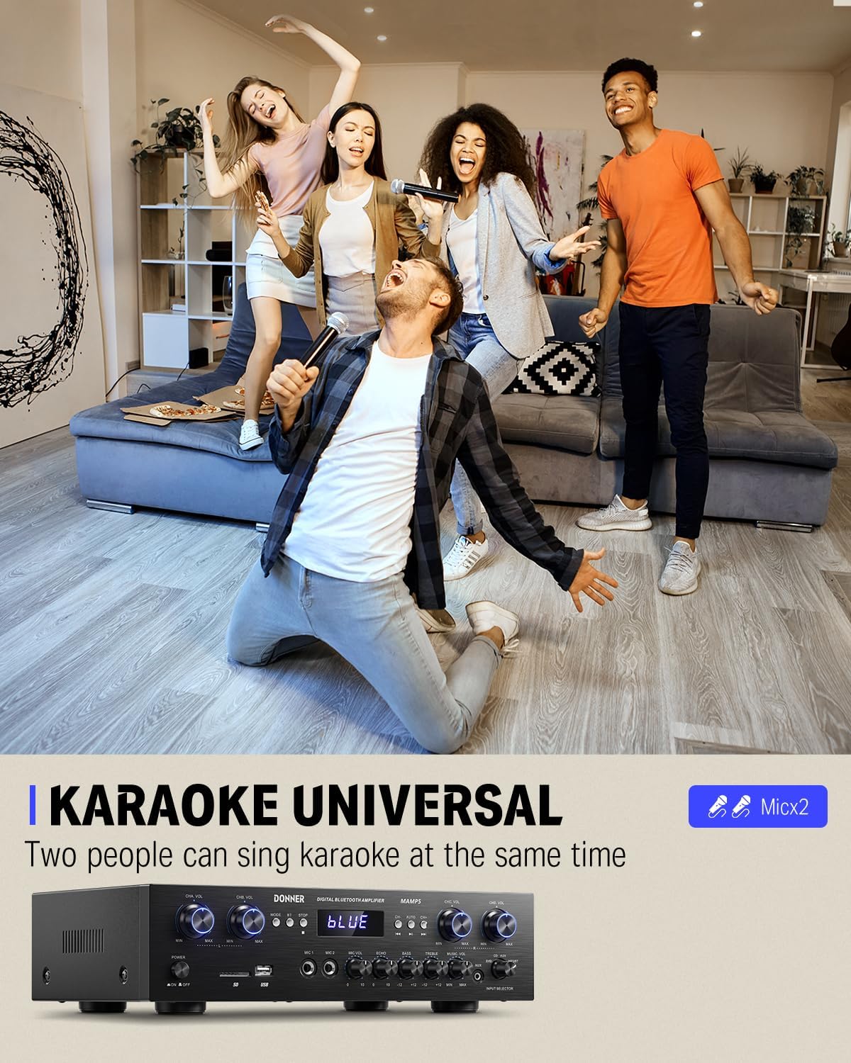 Donner Bluetooth 5.0 Stereo Audio Amplifier Receiver, 4 Channel 440W Peak Power Home Theater Stereo Receiver with USB, SD, FM, 2 Mic in Echo, RCA, LED, Speaker Selector for Studio, Home - MAMP5