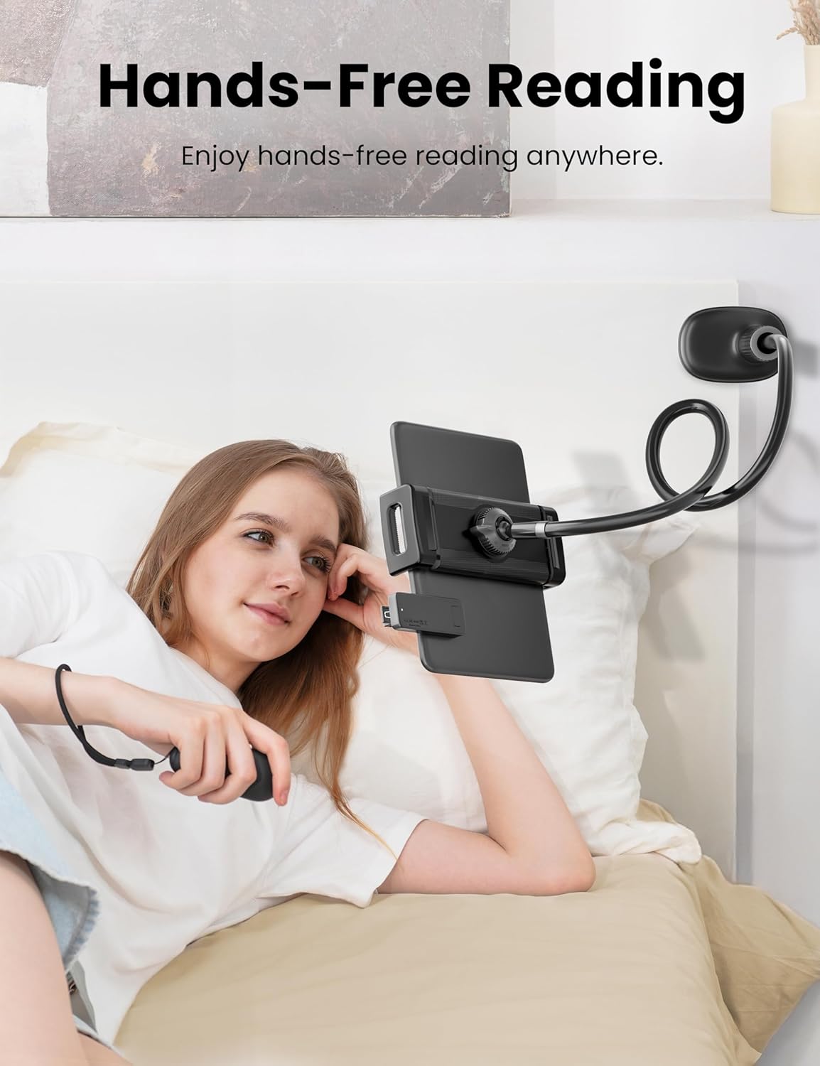 Gooseneck Kindle Holder with Remote Page Turner for Reading in Bed,Tablet Mount Holder for Desk,Flexible Long Arm for Tablets iPhones Kindle Accessories