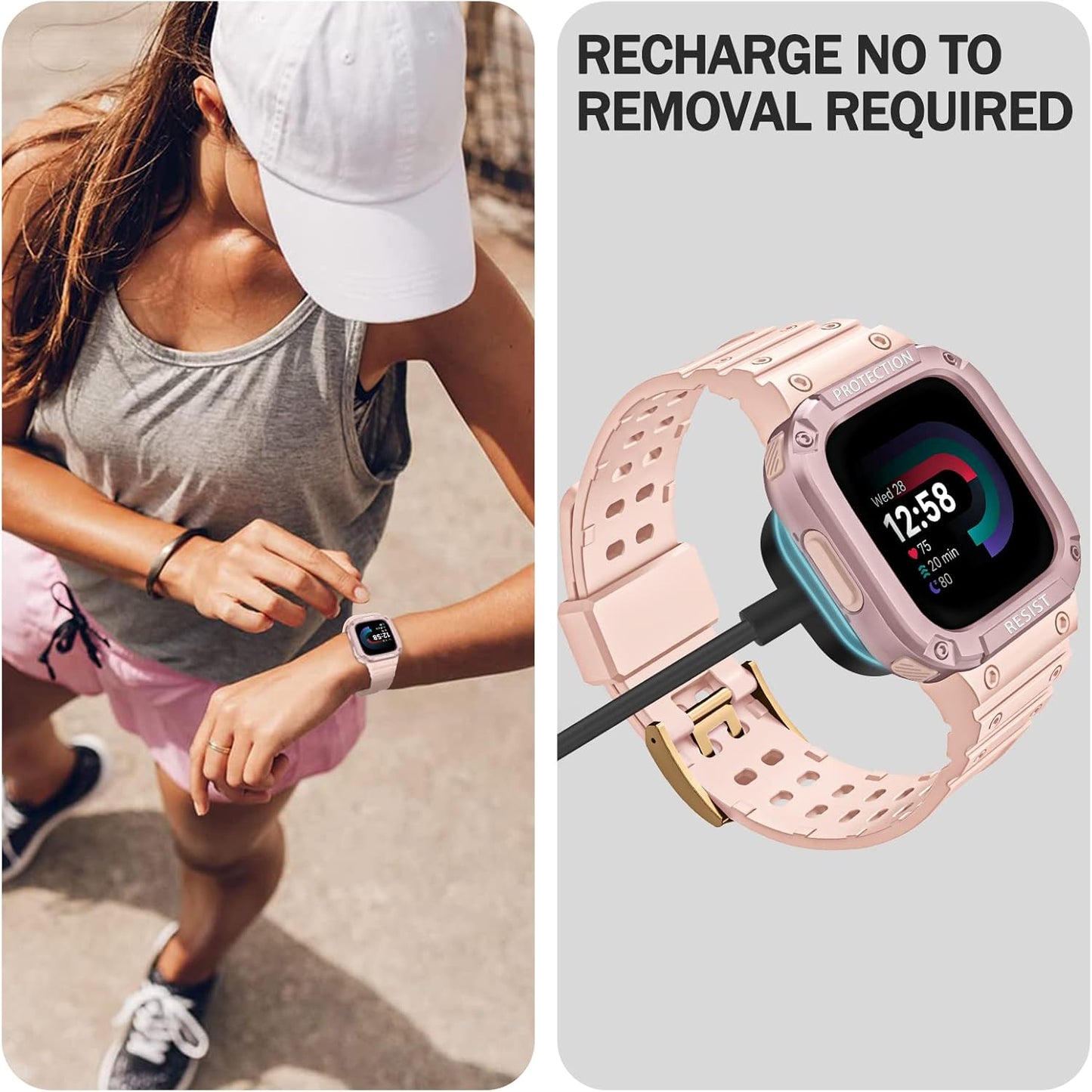 FINTIE Bands with Case Compatible with Fitbit Versa 4/3/2/1/Versa Lite/Fitbit Sense 2/Sense, Protective Case Strap Rugged Sport Band Men, Pink Sand