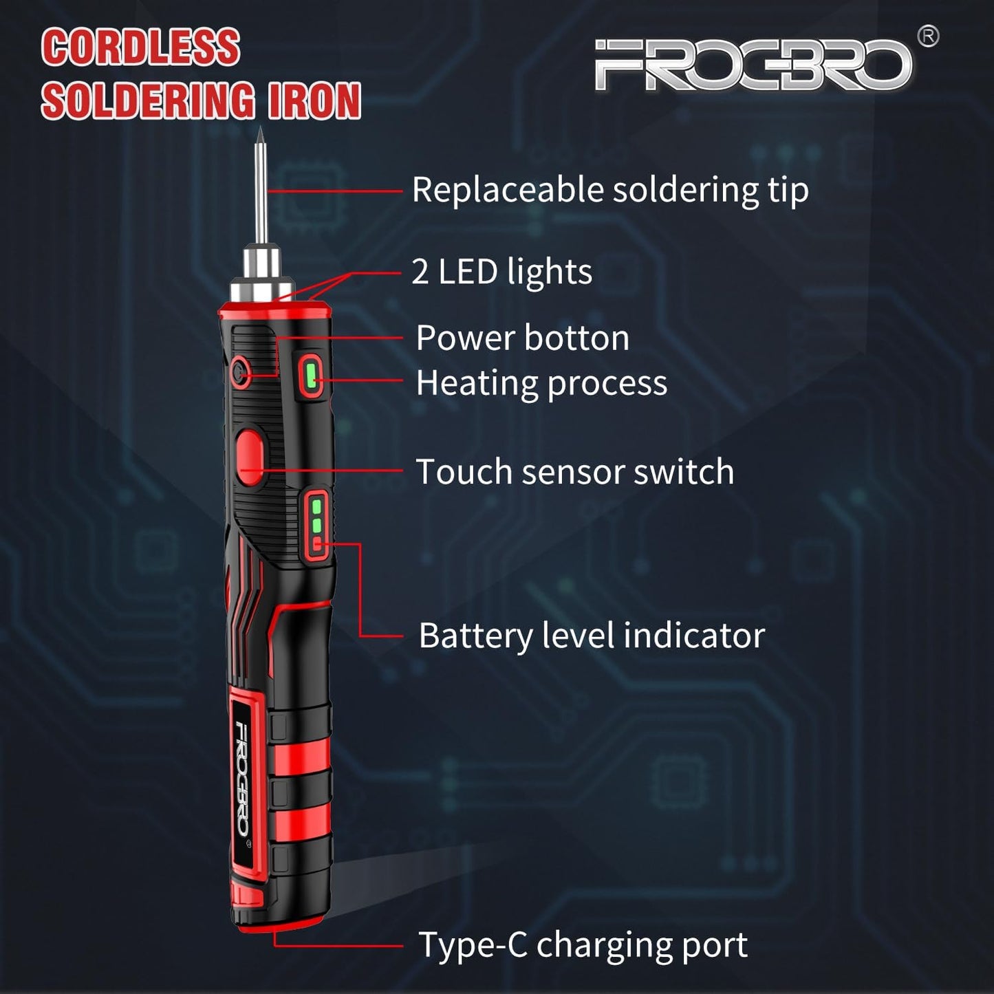 FrogBro Upgrade 11W 2500mAh Cordless Soldering Iron Kit, Max 968℉ Fast Heating Portable, USB Rechargeable High Capacity with Touch Sensor & LED Spotlight