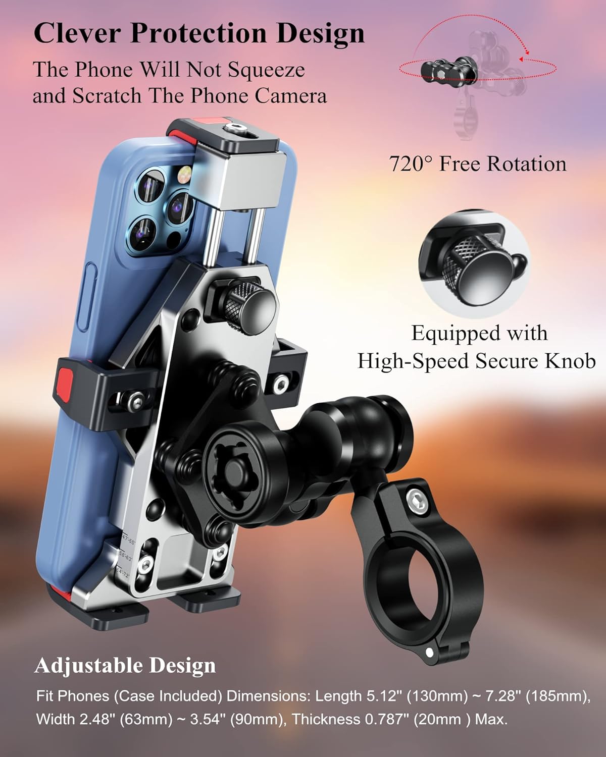 BRCOVAN Motorcycle Phone Mount with Vibration Dampener & Secure Lock, Solid Aluminum Alloy, Anti-Theft Handlebar Cellphone Holder, Adjustable for Motorcycle Bike Scooter ATV, Fit 4.7-7.2'' Smartphone