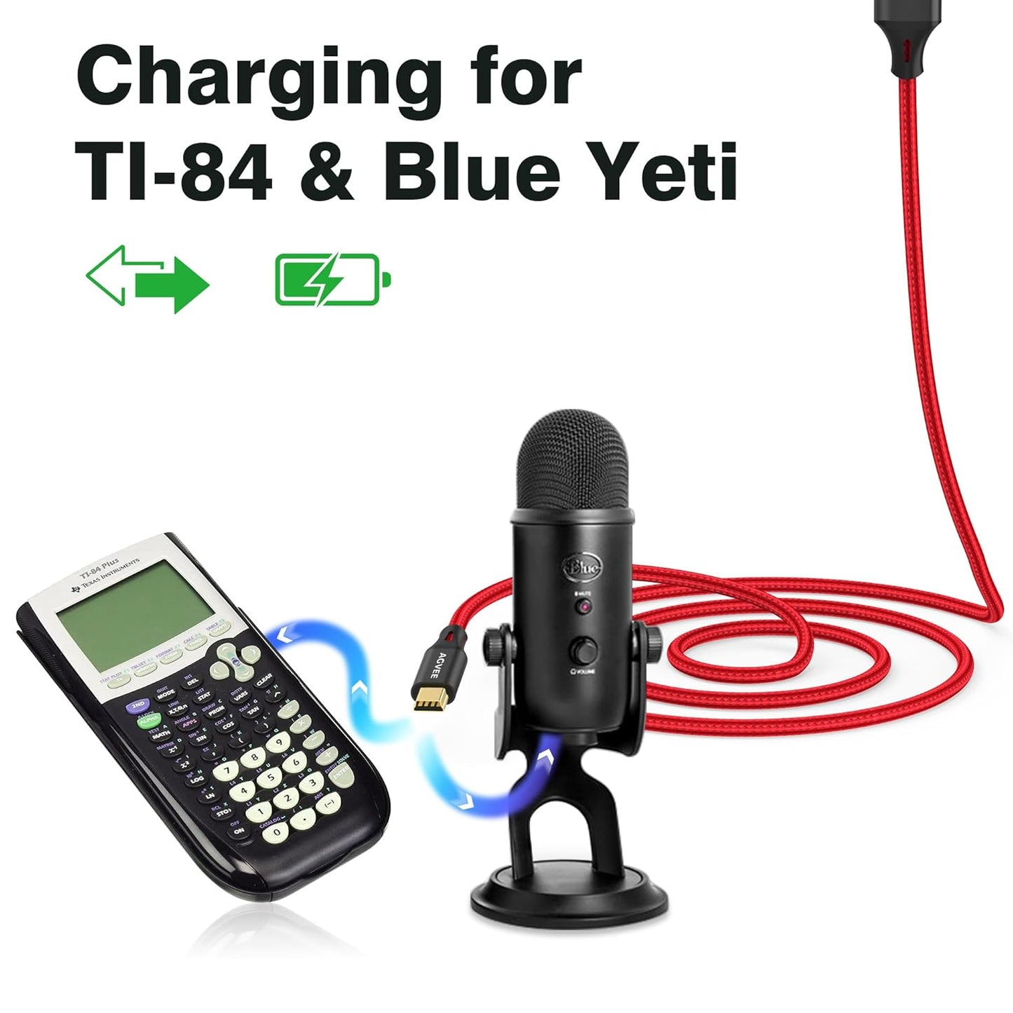 AGVEE 2 Pack 6.6ft Mini USB Cable, Braided Durable USB-A to Mini-B Charger Charging Cord for TI-84, Garmin GPS, Go-Pro Hero 4 3 2 HD, PS3 Controller, Canon Camera, Blue Yeti Microphone, Red