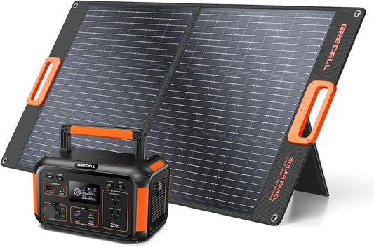 GRECELL 500W Portable Power Station with 100W Solar Panel 20V, Solar Generator 500W AC Outlet, Portable Solar Panel MC-4 High-Efficiency Battery Charger for Home Use Camping Outdoor Trip RV