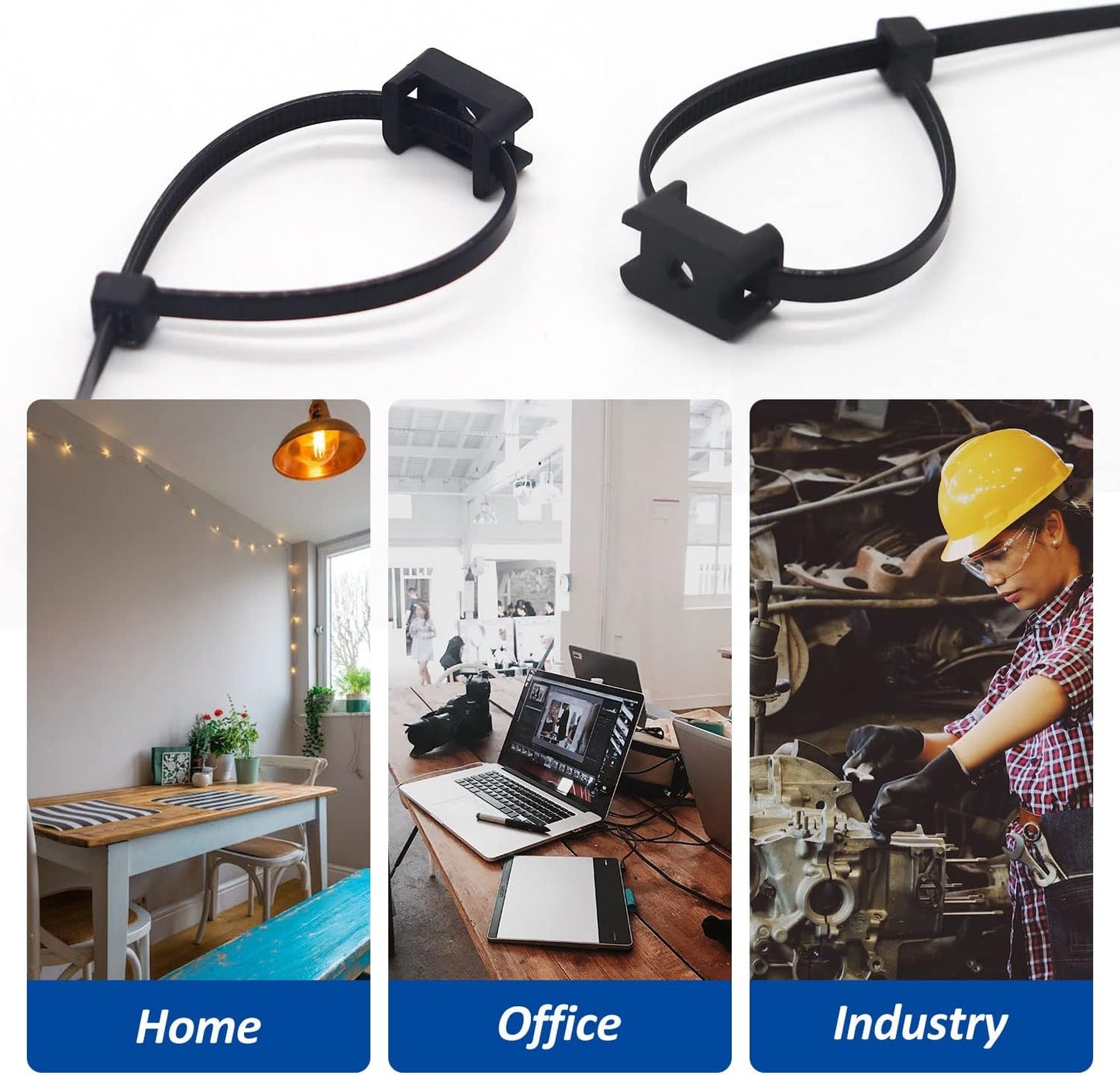 Cable Zip Tie Mounts Kit - 120 Set Wire Cable Clips Organizer Holders with 8" Cable Ties, Saddle Type Mounts Base and Tapping Screw, Black