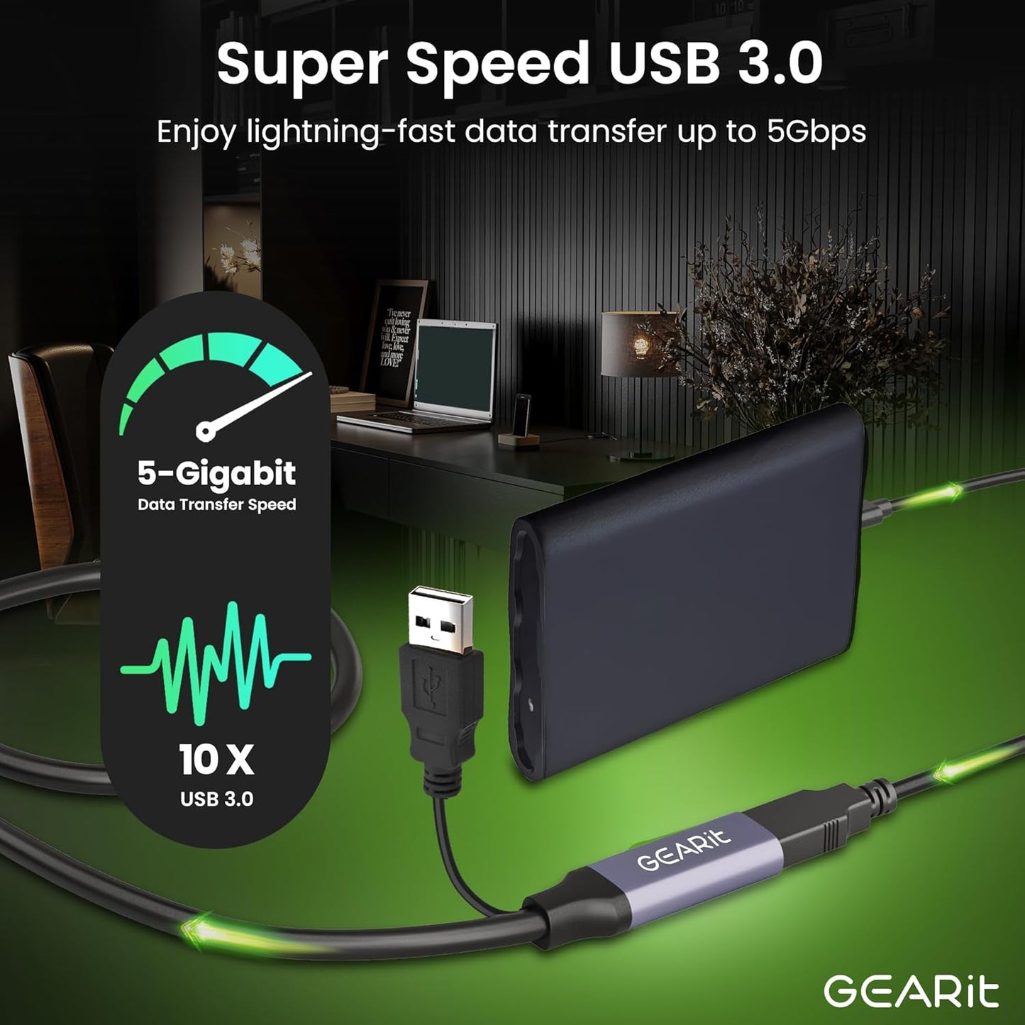 GEARit USB 3.0 Active Extension Cable (65 Feet) A-Male to A-Female USB Repeater with Signal Booster for Oculus Rift, Quest Link, Xbox 360 Kinect, PlayStation, Printer, Webcam - 65ft