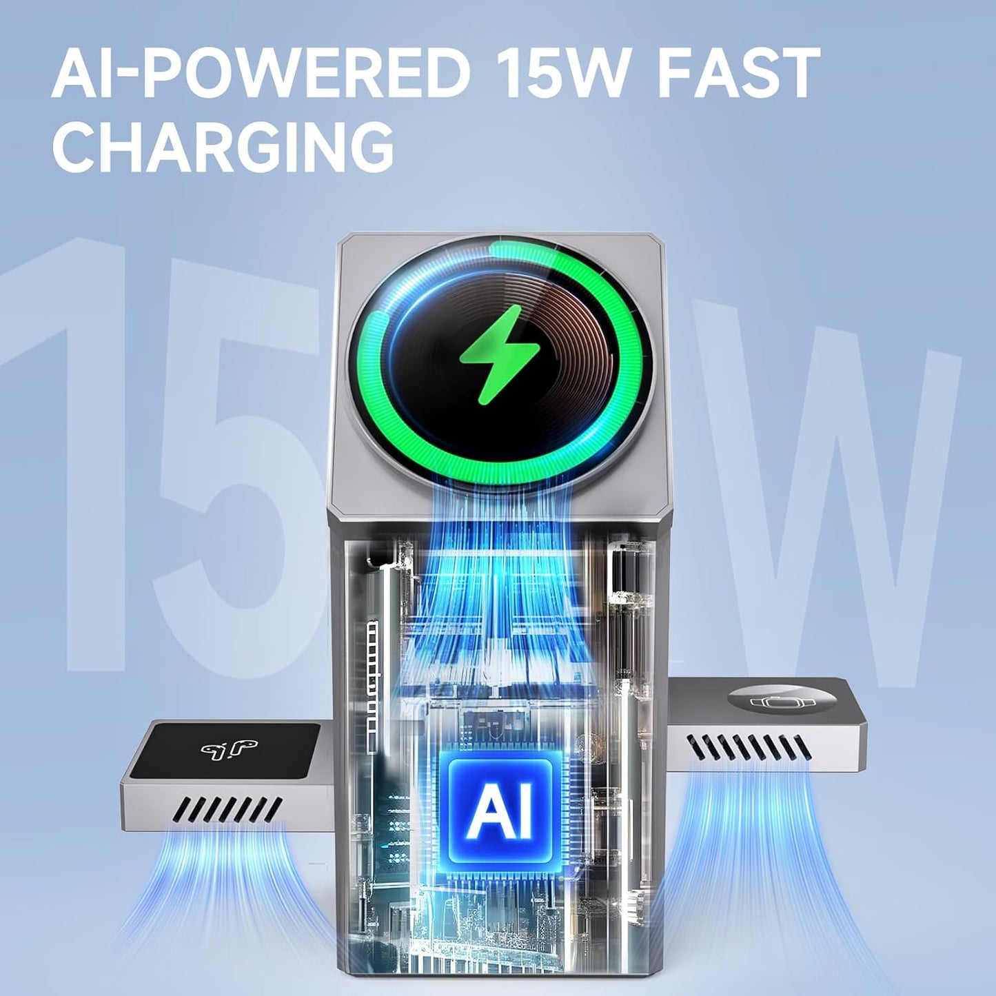 LOBKIN 3 in 1 Charging Station, Qi2 15W Foldable Intelligent Fast Wireless Charging Station,MagSafe Charger Stand for iPhone 16/15/14/13, Airpods, Apple Watch